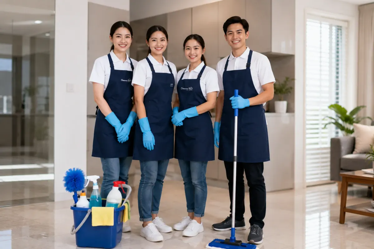 ทีมงาน HOMEKEEP ในชุดยูนิฟอร์มพร้อมอุปกรณ์ทำความสะอาด